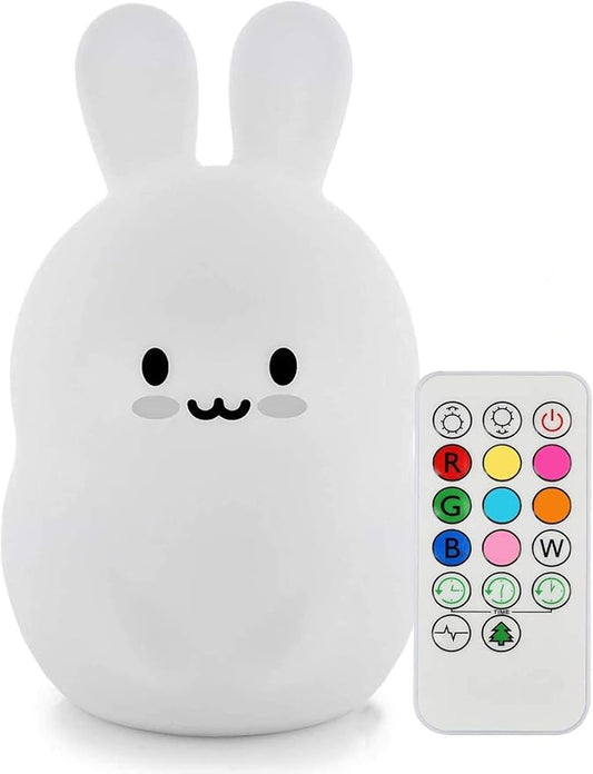 Animal-Shaped Night Light, Rechargeable LED Soft Silicone (BPA Free) Bedside Lamp for Children/Adults, Adjustable Brightness and 9 Colors by Touch Control & Remote Control (Big Rabbit)