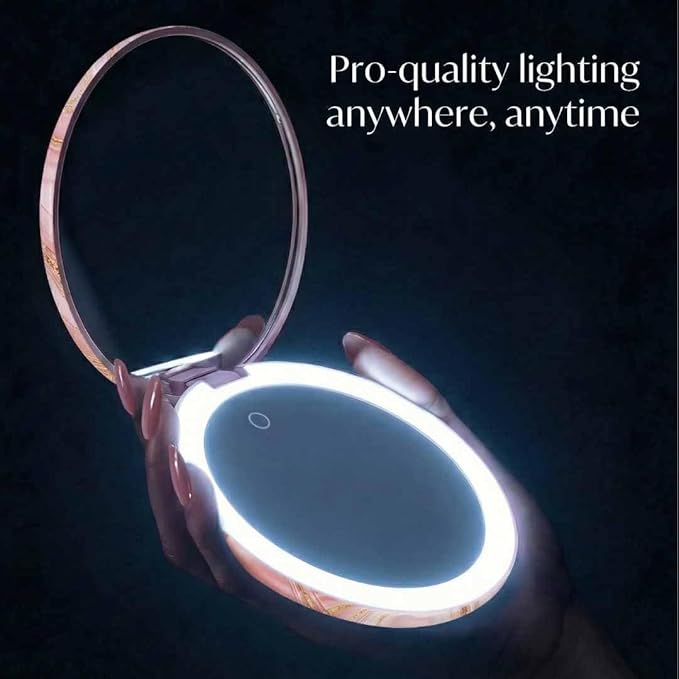 Fancii Taylor LED Lighted Travel Makeup Mirror, Rechargeable, 10x /1x Magnifying, Tru-Glow Lighting System, XL Large 5” Wide | Compact Mirror for Purses (Marble Rose)