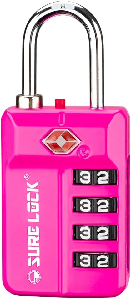 SURE LOCK TSA Approved 4-Digit Luggage Lock, Resettable Combination, Red Dot Open-Alert (Resets Only with Code), Easy-Read Black/White Dials, Hardened Shackle, Zinc Alloy (Pink 1 Pack)