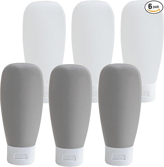 Travel Bottles for Toiletries 6 Pack, Leakproof 2 oz Tsa Approved Travel Size Containers, BPA Free Plastic Shampoo and Conditioner Bottles, Camping Travel Essentials (Black & White)