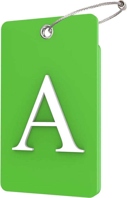 Gostwo 2 Pack Luggage Tags for Suitcases, 26 Initial Letter Travel Luggage Baggage Identification Labels ID Tag Fully Bendable Tags with Stainless Steel Loop (Green) (Letter A)