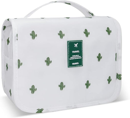 Large Capacity Toiletry Bag Travel Bag with Hanging Hook for Men and Women Waterproof Travel Cosmetic Bag Bathroom Storage Bag for Brushes Set, Full-Sized Shampoo,Accessories(White Cactus)