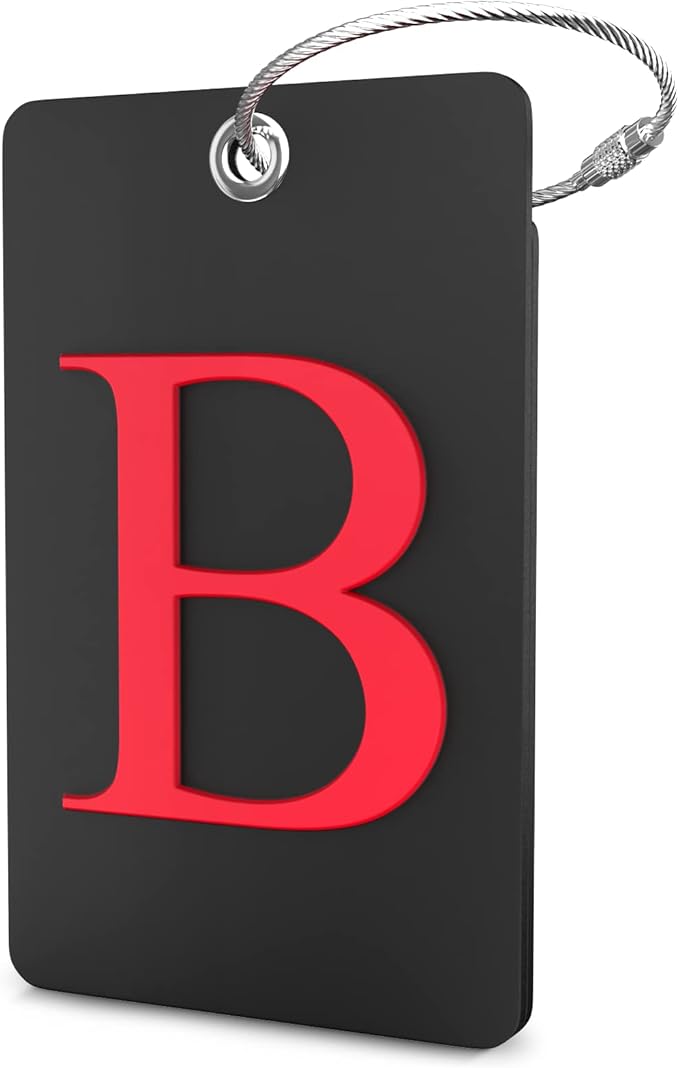 Shacke Luggage Tag Initial - Fully Bendable Tag w/Stainless Steel Loop - Black (Letter B)