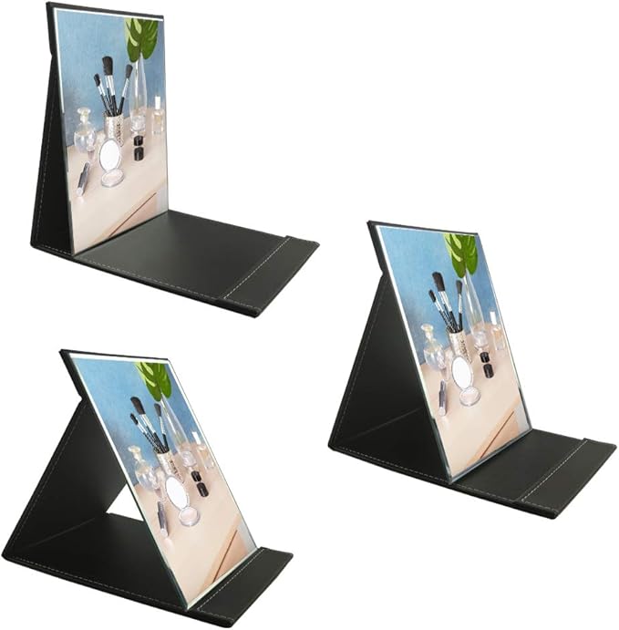 ZBEIVAN 10x7 Inches Portable Folding Makeup Mirror with Cosmetic Desktop Standing for Travel, Vanity Table, Room Decor, Beauty Gifts, Black