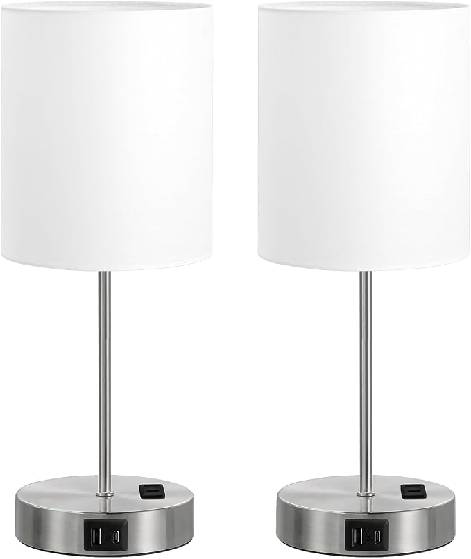 17.6" Silver Touch Lamps for Bedroom Set of 2, Dimmable, USB C+A, AC Outlet | Large 17.6" Tall Lamp, 3-Way Dimming, 5000K Daylight Bulbs, White Lampshade Silver Base, for Living Room, Boys, Men, Girls