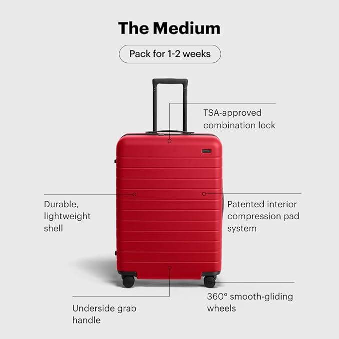 Away Medium Checked Luggage, Lightweight Hard Shell Suitcase with Spinner Wheels, Durable Rolling Luggage, TSA Lock, 26 Inch, Cherry Red