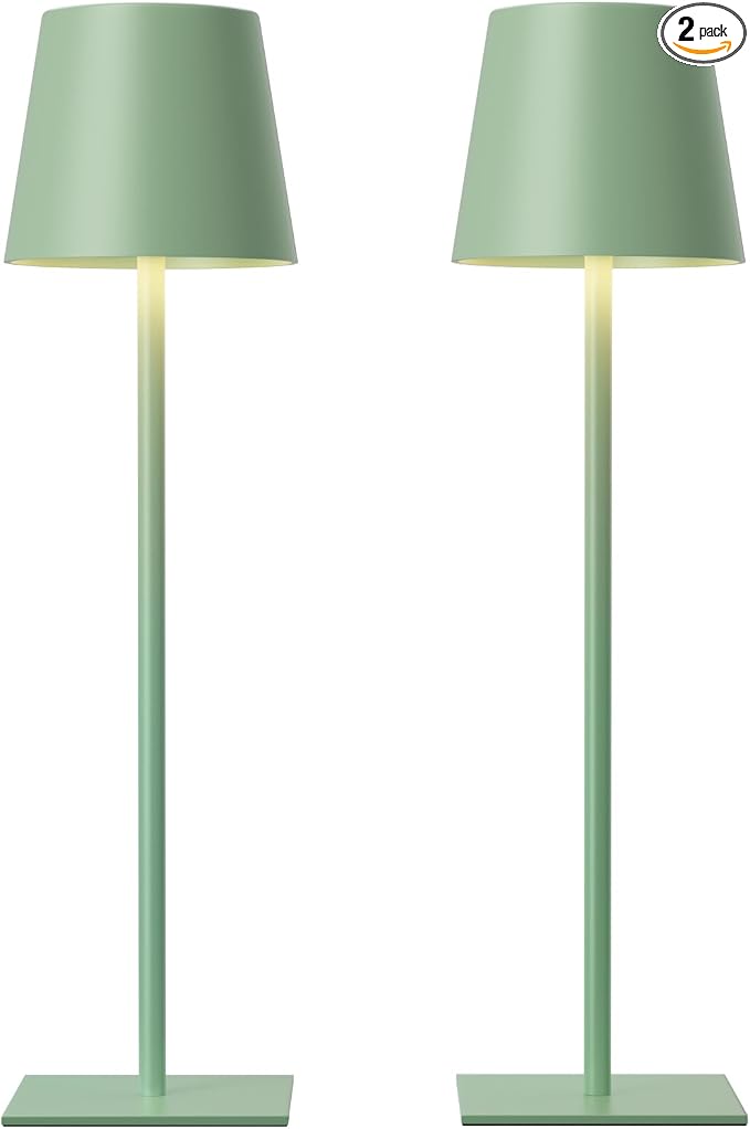 Kakanuo Green Cordless Rechargeable Table Lamp, 2 Pack Portable Desk Lamp with 5000mAh Battery, Touch Control Stepless Dimming, Wireless Night Light for Dining, Outdoor Camping