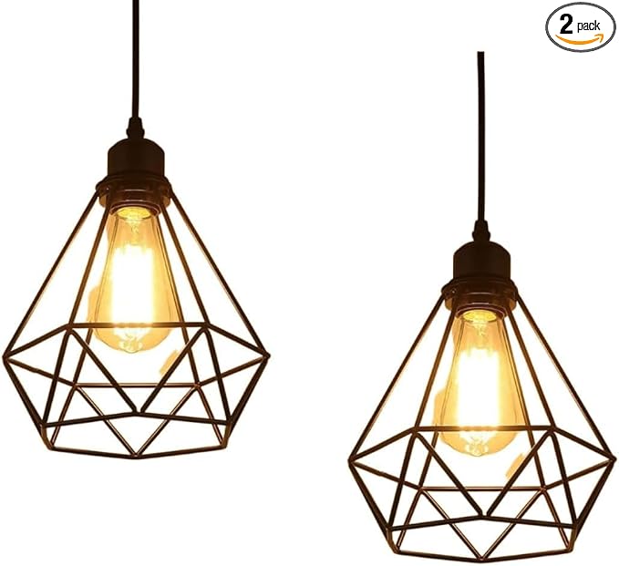 2 Pack Black Pendant Lights Kitchen Island,Farmhouse Hanging Lamp with Adjustable Cord,Small Metal Cage Hanging Ceiling Pendant Light Fixture for Dining Room,Entryway,Kitchen Island Sink,Foyer