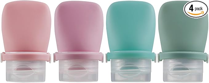 1oz Silicone Travel Bottles for Toiletries (4-Pack), TSA Approved Leakproof Toiletry Bottles with Locking Lid, Refillable Travel Size Containers for Shampoo, Body Wash, Camping & Trips (Green Pink)