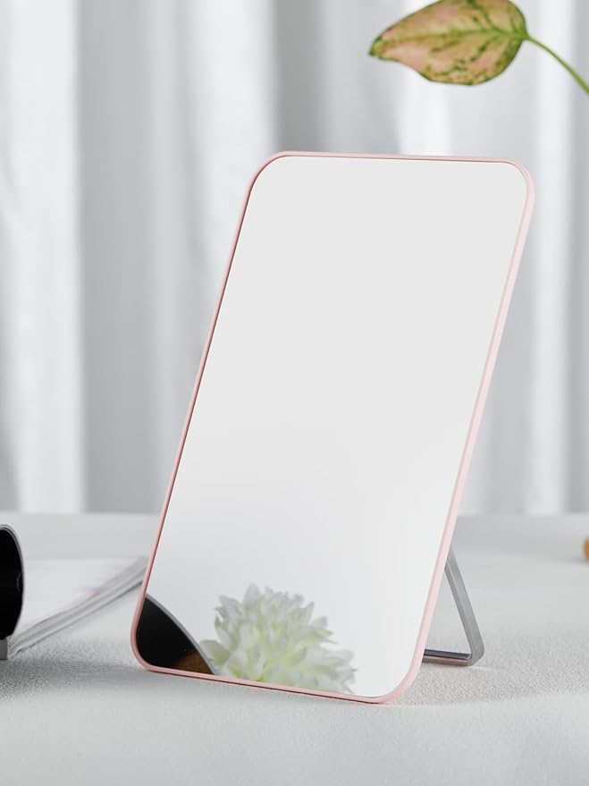 OMIRO Makeup Mirror for Desk, 10 x 7 inches Table Mirror with Adjustable Stand and Hanging Hole for Shaving and Travelling, Pink