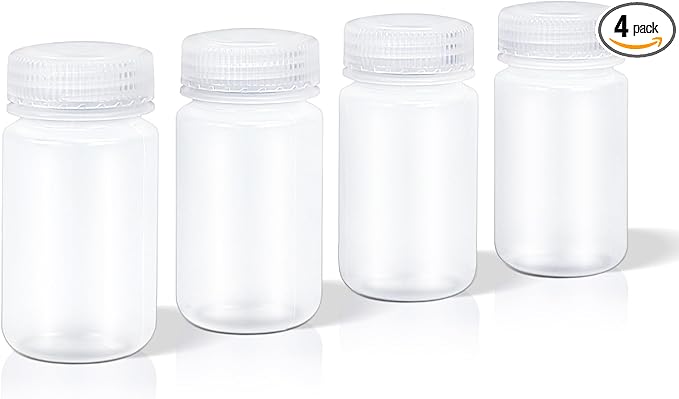 DEMORA 4 oz Small Plastic Bottles with Caps, Airtight Refillable Wide Mouth Travel Bottles for Toiletries, PP Food Grade Plastic Containers for Liquids Pill Sample Lab Reagent (Clear, 4 Pcs)