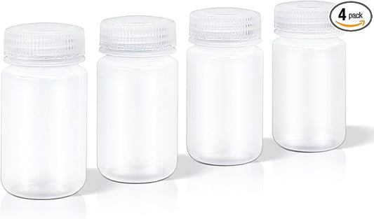 DEMORA 4 oz Small Plastic Bottles with Caps, Airtight Refillable Wide Mouth Travel Bottles for Toiletries, PP Food Grade Plastic Containers for Liquids Pill Sample Lab Reagent (Clear, 4 Pcs)