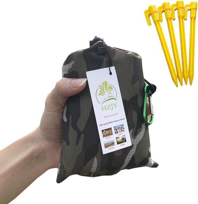 Pocket Blanket 71"x55", Lightweight Compact Sandproof Waterproof Outdoor Blanket for Beach, Hiking, Camping, Travel, Festivals, Picnic with Pockets, Loops, Stakes, Carabiner