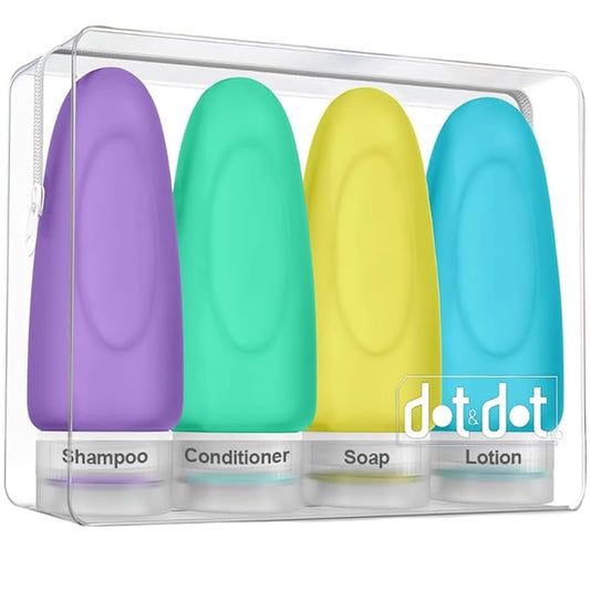 Dot&Dot Leak Proof TSA Approved Travel Bottles for Toiletries - 3oz Shampoo and Conditioner Travel Size Containers - Silicone and Labels