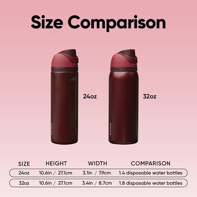 Owala FreeSip Insulated Stainless Steel Water Bottle with Straw, BPA-Free Sports Water Bottle, Great for Travel, 32 Oz, Black Cherry