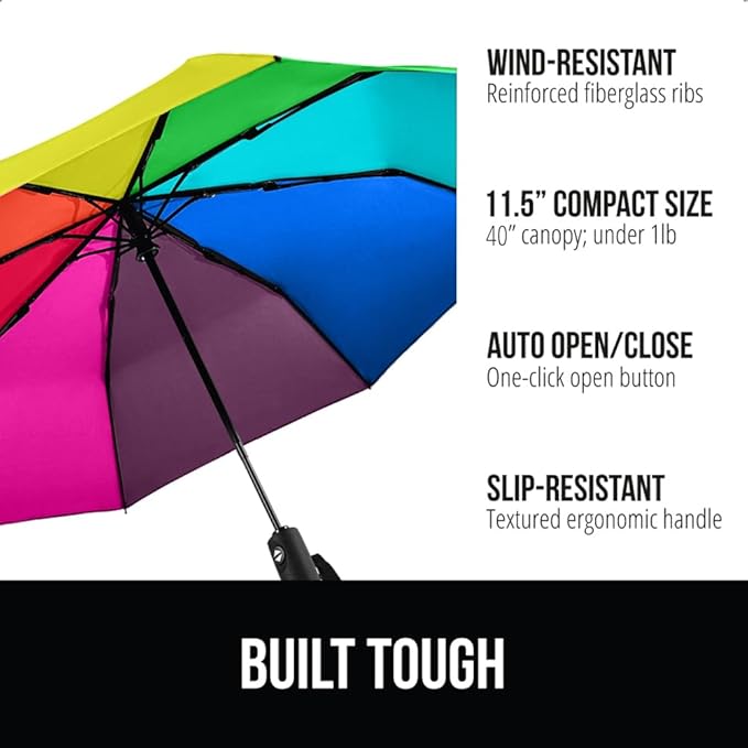 GORILLA GRIP Strong Windproof Stick Compact Umbrella for Rain, One-Click Automatic Open and Close, Durable Quick Dry Waterproof Material, Lightweight and Portable, Travel Size Fits Backpack, Rainbow