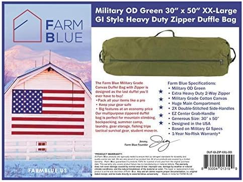 Farm Blue Brand Army GI Style Zipper Duffel Bags- Enormous 30"x50" XX Large - 3 Grab Handles and new External and Internal pockets- 18oz Canvas Duffle Bag Men and Women - XXL OD Green