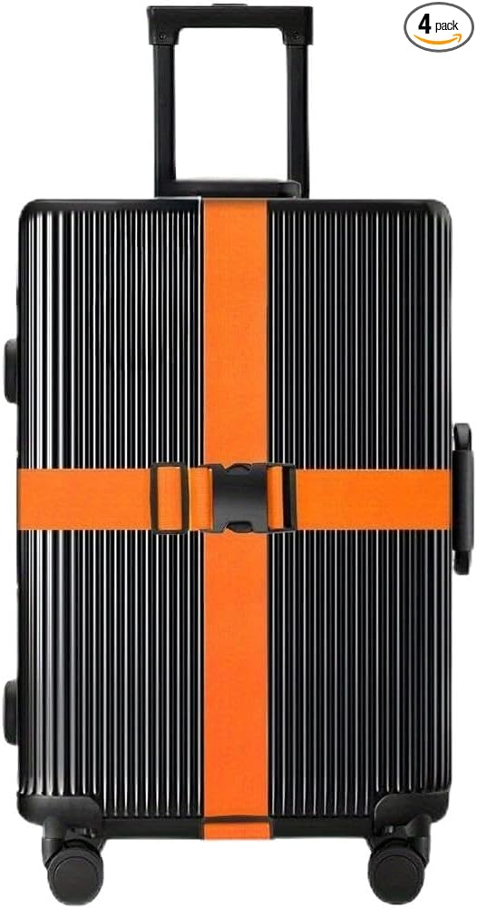 4-piece Set of Lockable Luggage Straps - Two Luggage Straps and Two Luggage Tags to Protect Your Luggage from Bursting, Suitable for suitcases 20-32 in (Orange Strap (excluding Password Lock))