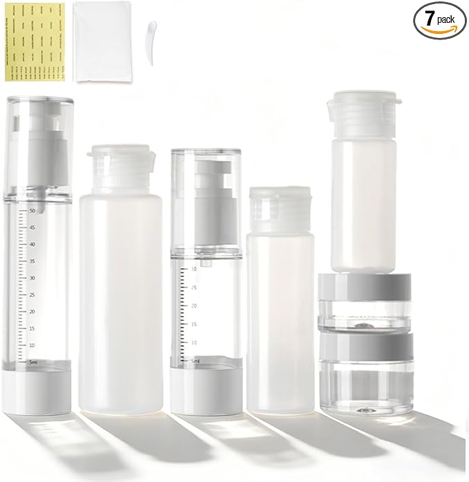 Travel Bottles Kits 7 Pcs , TSA Approved Leak Proof Toiletry Container Set, Graduated Vaccumn atomizer and Lotion Bottle, Squeeze Bottle, Transparent Cream Jar, for Shampoo Lotion Cream Cosmetic