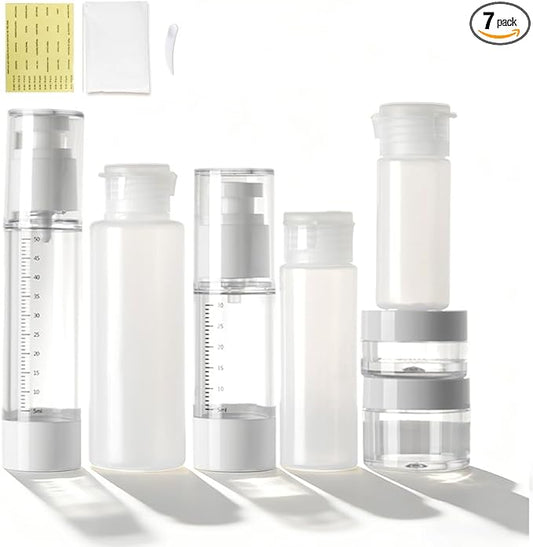 Travel Bottles Kits 7 Pcs , TSA Approved Leak Proof Toiletry Container Set, Graduated Vaccumn atomizer and Lotion Bottle, Squeeze Bottle, Transparent Cream Jar, for Shampoo Lotion Cream Cosmetic
