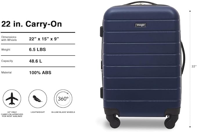 Wrangler Smart Spinner Hardside Luggage, 22-Inch Carry-On, Navy Blue