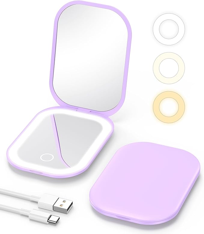 Gospire Lighted Compact Mirror with Light and Magnification 1X/3X, Stepless Dimming and Three-Color Adjustable Lights, Rechargeable Battery and Compact Size for Purse and Travel -Purple