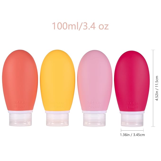 Leak Proof Silicone Travel Bottles,4 Pack 3.4oz Liquid Squeezable Refillable Portable Accessories/Cosmetic Containers,BPA Free,Travel Size Bottles for Toiletries Shampoo Conditioner Lotion