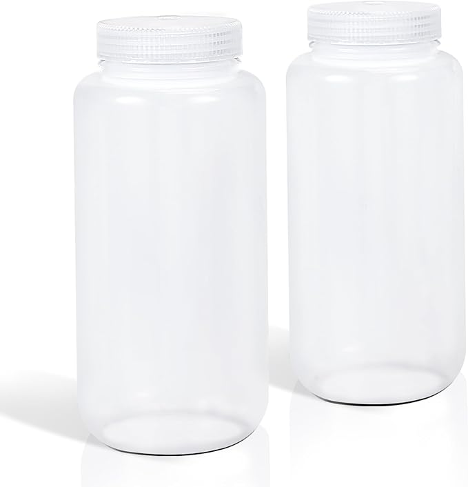 DEMORA 32 oz Plastic Bottles with Lids, Airtight Refillable Wide Mouth Travel Bottles for Toiletries, PP Food Grade Plastic Containers for Liquids Pill Water Sample Lab Reagent (Clear, 2 Pcs)