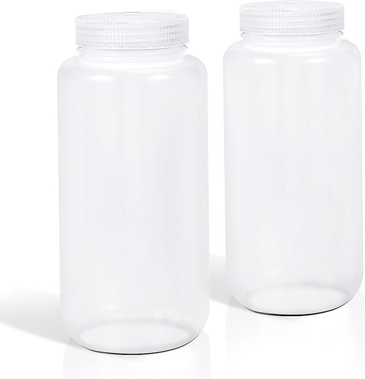DEMORA 32 oz Plastic Bottles with Lids, Airtight Refillable Wide Mouth Travel Bottles for Toiletries, PP Food Grade Plastic Containers for Liquids Pill Water Sample Lab Reagent (Clear, 2 Pcs)