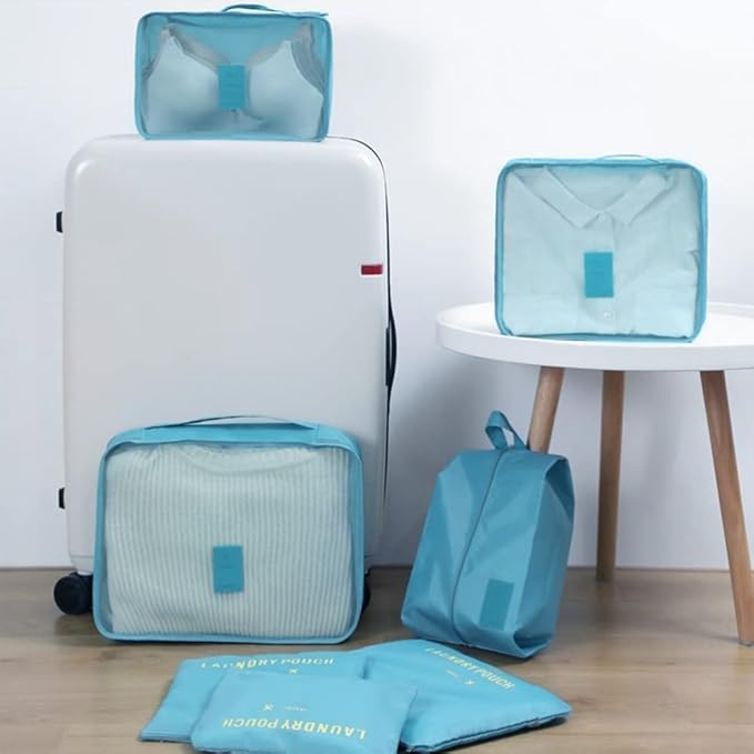 7 Set Packing Cubes, Travel Foldable Luggage Organizers Storage Bag Accessories Suitcase with Laundry Bag & Shoe Bag, Blue