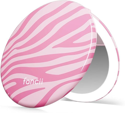 Fancii Taylor LED Lighted Travel Makeup Mirror, Rechargeable, 10x /1x Magnifying, Tru-Glow Lighting System, XL Large 5” Wide | Compact Mirror for Purses (Blush Zebra)