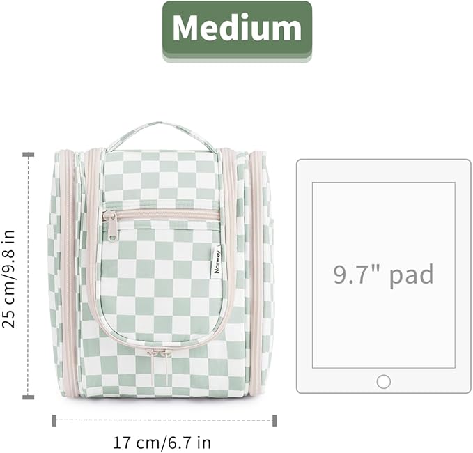 Narwey Hanging Travel Toiletry Bag for Women, Travel Bag for Toiletries, Checkered Makeup Bag Organizer, Cosmetic Make Up Bags for Travel Size Essentials, Skincare, Brushes (Mint Green Checkerboard)