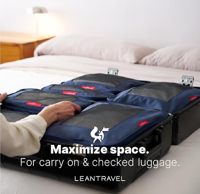 LeanTravel Premium Compression Packing Cubes for Travel - Suitcase Organizer Bags with Double Zipper & Breathable Mesh Panel - Space Saving Carry On Luggage Essentials (4-Pack, Navy Blue)