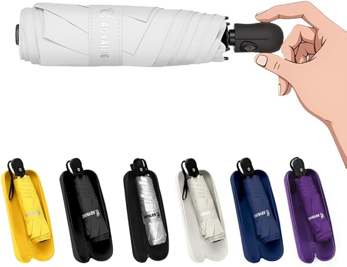 GAOYAING Mini Compact Travel Umbrella with Reflective Safety Stripes, Portable Folding Design with Case