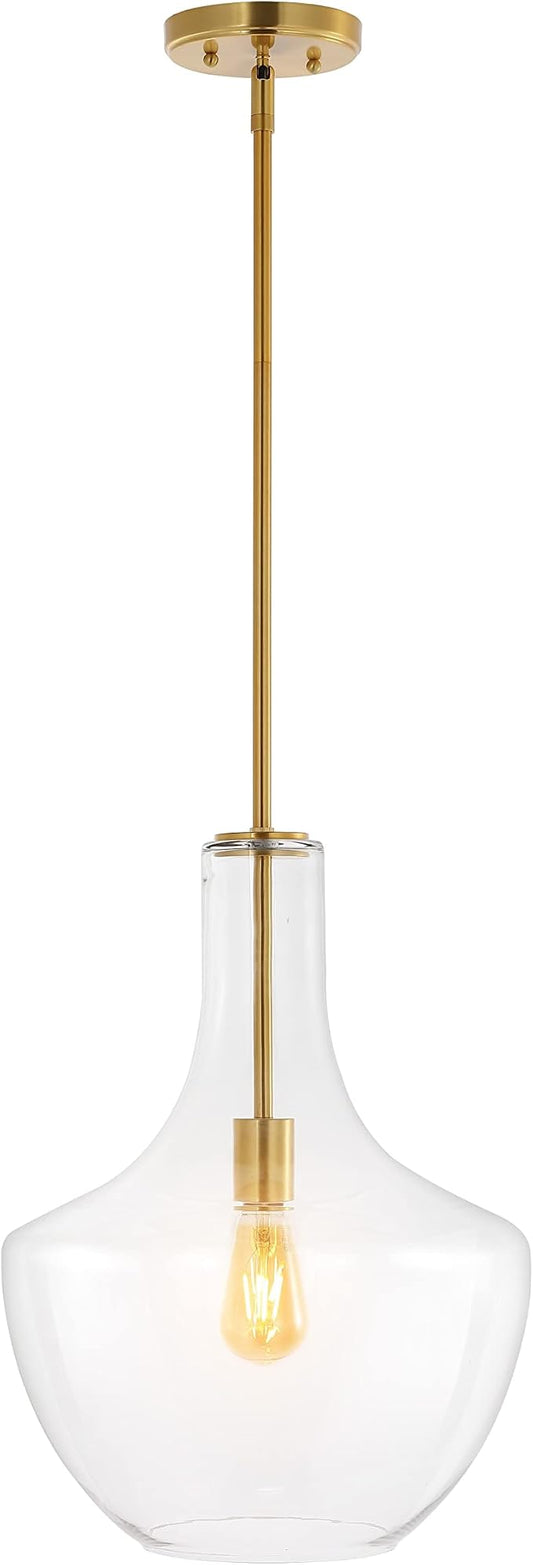 JONATHAN Y Watts Schoolhouse 13.25" Pendant Light, Brass Gold/Clear | 1-Light, Mid-Century Modern Style, Metal Hanging Lamp, Adjustable, Kitchen Island Fixture, Glass Shade, LED Bulb Included