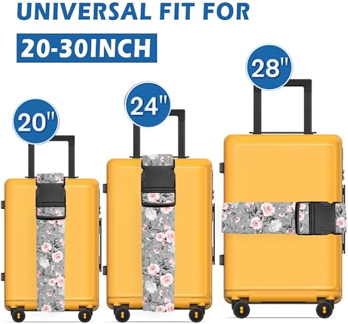 Luggage Straps for Suitcases Travel Belt Accessories, Cute Suitcase Strap, Adjustable Luggage Belt Strap, Heavy Duty with Quick-Release Buckle Luggage Strap Grey Pink Roses