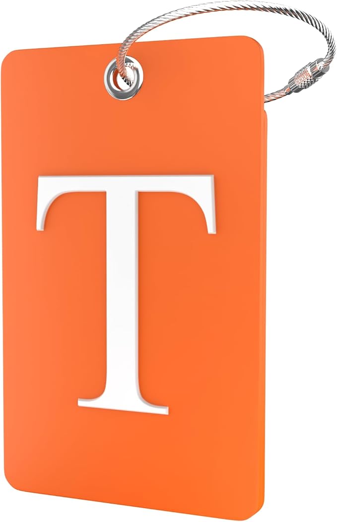 Shacke Luggage Tag Initial – Fully Bendable Tag w/Stainless Steel Loop (Orange) (Letter T)
