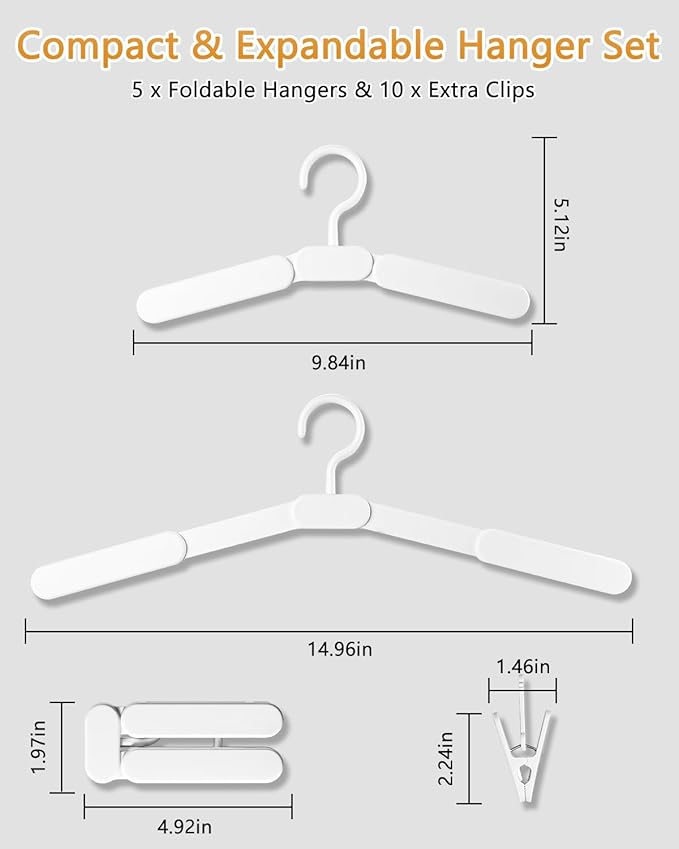 Foldable Travel Hanger with Clips - 5 Pack Portable Collapsible & Space-Saving Hangers for Cruise Suitcase, White