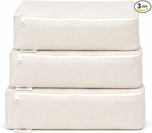 Packing Cubes Bag Pure Canvas Travel Organizers (10"x7"x3") with Durable YKK Zippers for Clothes, Shoes & Luggage Storage (Set of 3 (Small), Off-White)