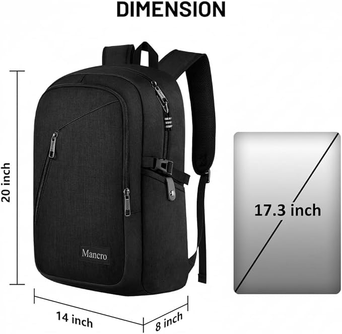 Mancro Laptop Backpack for Travel 17.3 in Anti-Theft Business Backpack Large Travel Computer Bag Daypack Work College Bookbag for Men Women, Black