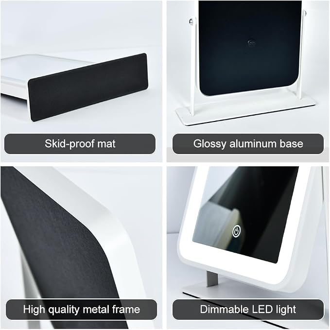 YEKKOPT Small Desk Mirror with Lights, Lighted Makeup Mirror with Light, Portable Tabletop Make Up Mirror for Desk, Vanity Mirror with Lights,Smart Touch Control, Dual Power Supply, 360°Rotation