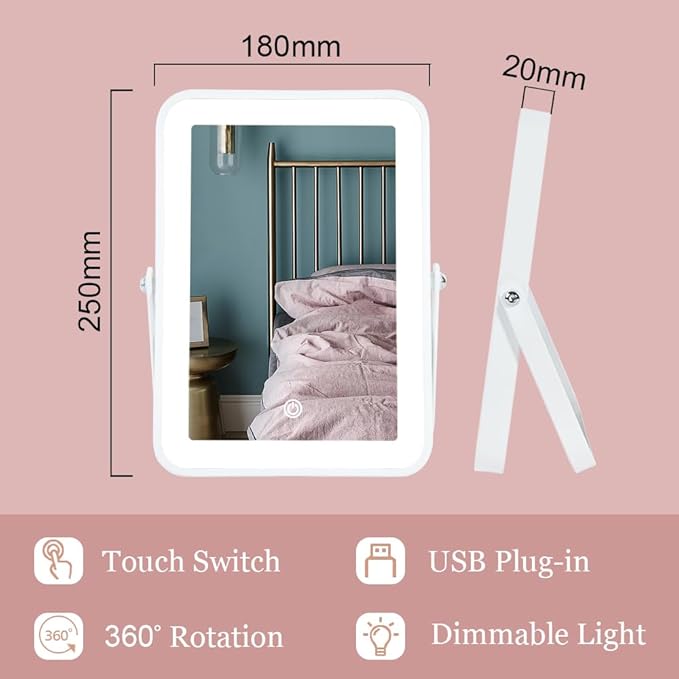 YEKKOPT Rechargeable Vanity Mirror with Lights,Desk Makeup Mirror with Lights,Portable Travel for Makeup Desk ＆ Dressing Room,3 Color Lighting, Dimmable Touch Screen