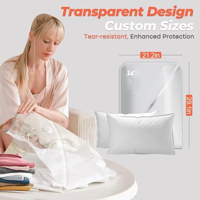 Travel Vacuum Seal Bags, 8 Pack 34" Vacuum Storage Bags with Rechargeable Cordless Pump Compression Packing for Clothing Clothes Blanket Bedding, Space Saver for Suitcase Luggage