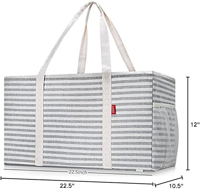 LHZK Standing Extra Large Utility Tote Bag with Metal Wire Frame and the Sides Rinforced, Extra Large Tote Bag with Handle, Reusable Grocery Bags Foldable, Beach Bag, Car Tote (Gray) | 22.5×10.5×12 inch