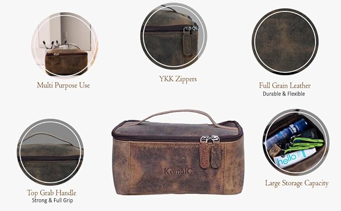 KomalC Leather Toiletry Bag For Men & Women, Handcrafted Travel Kit, Water-Resistant Shaving Bag For Men Travel, Premium Rustic Toiletry Pouch with Zipper Closure (1 Zip Hunter)
