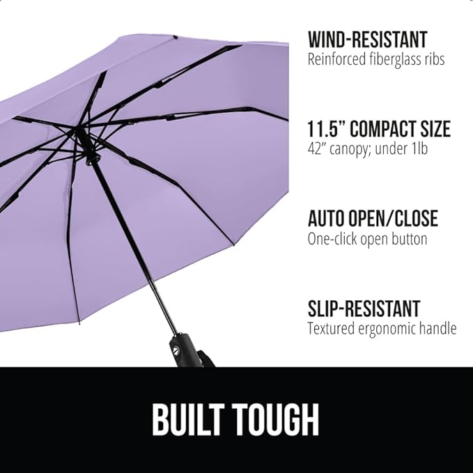 GORILLA GRIP Strong Windproof Stick Compact Umbrella for Rain, One-Click Automatic Open and Close, Durable Quick Dry Waterproof Material, Lightweight and Portable, Travel Size Fits Backpack, Purple