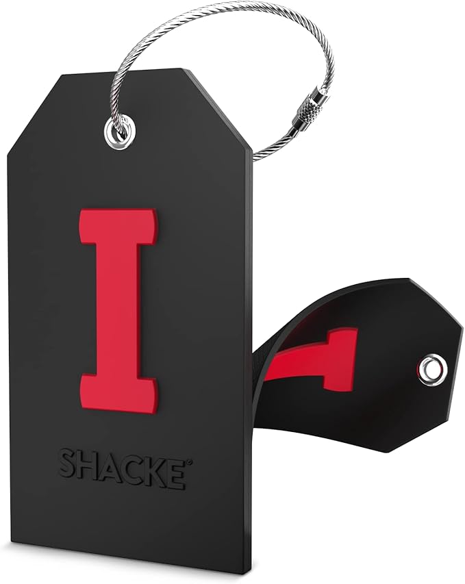 Shacke Initial Luggage Tag with Full Privacy Cover and Stainless Steel Loop - Black (Letter I)