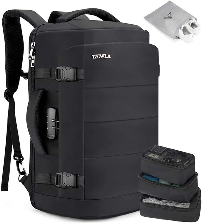 Tzowla 40L Expandable Travel Laptop Backpack for Men Women Carry on Flight Approved,Large Capacity Anti Theft Backpacks with Giant Tumbler Holder Pocket,Personal Item Bag Fit 17.3" Computer（Black