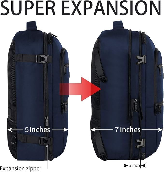 Vancropak Carry On Backpack, Expandable Large Travel Backpack for Men/Women, 40L Airplane Approved Luggage Bag Business Weekender Bag, Lightweight Water Resistant Daypack for Flight, Blue