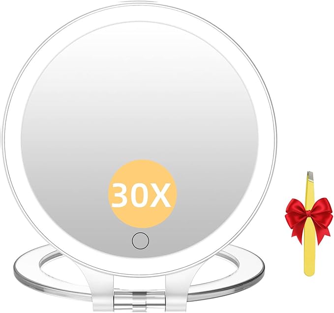 FASCINATE Magnifying Mirror 30X 1X Double Sided Magnification Makeup Vanity Mirror 2000mAh Rechargeable Lighted Mirror with 3 Color Setting Adjustable Rotation LED Vanity Desk Mirror